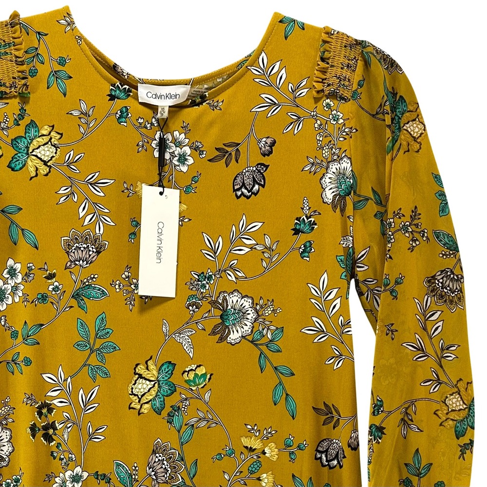 Calvin Klein Blouse M0AH6806 Womens XS Yellow Floral Smocked Shoulder Boho Chic